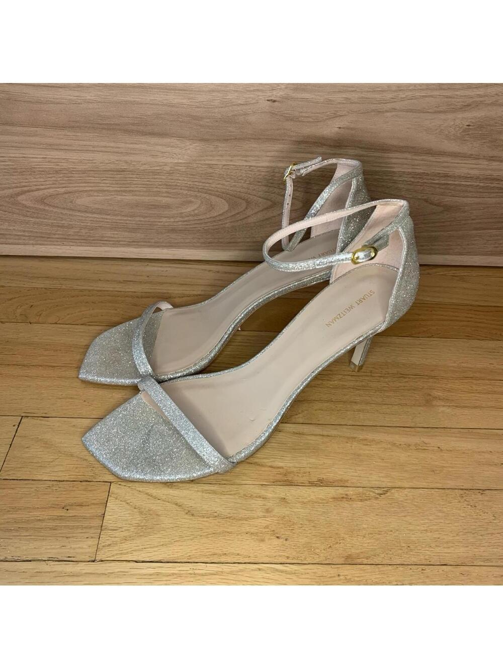 Stuart Weitzman Champagne Glitter Ankle Strap Heeled Sandals - Size 12